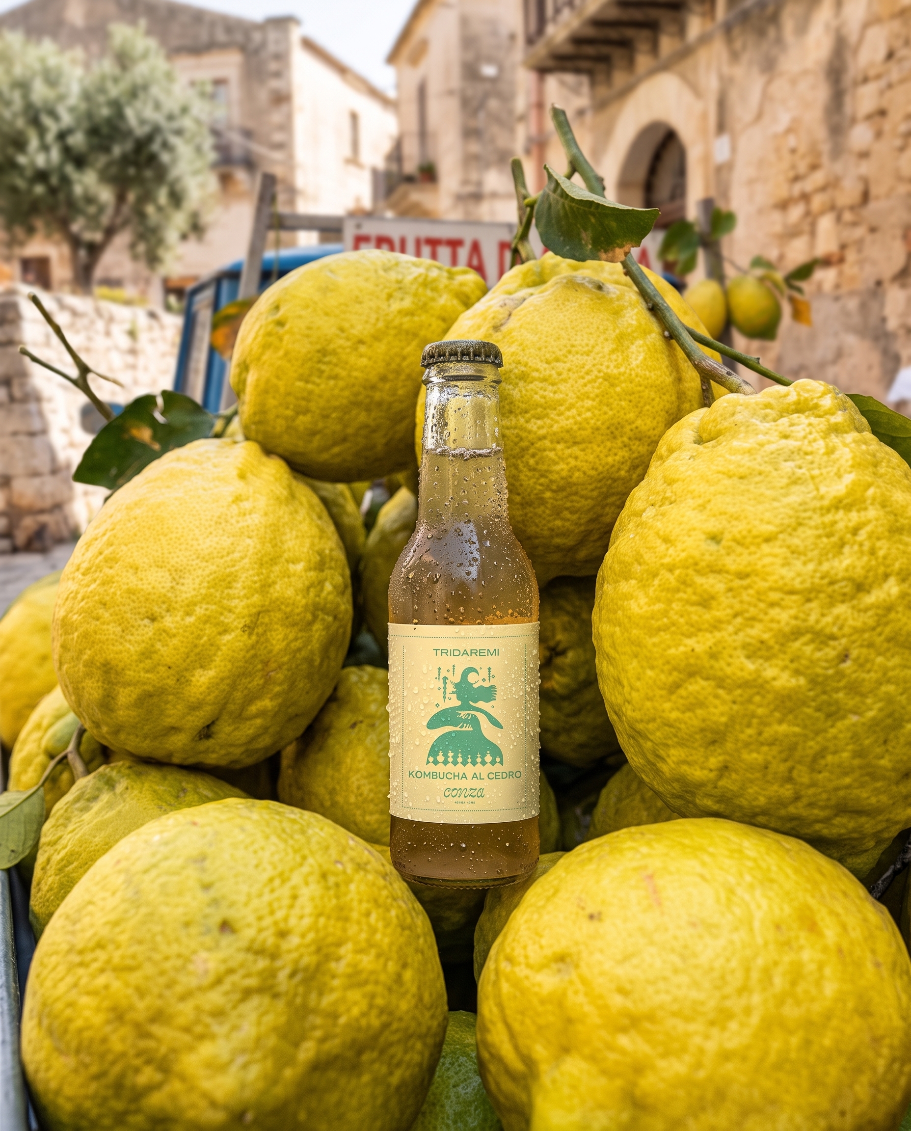 Bottiglia di kombucha alloro bruciato con calice e retroilluminazione ambrata teatrale