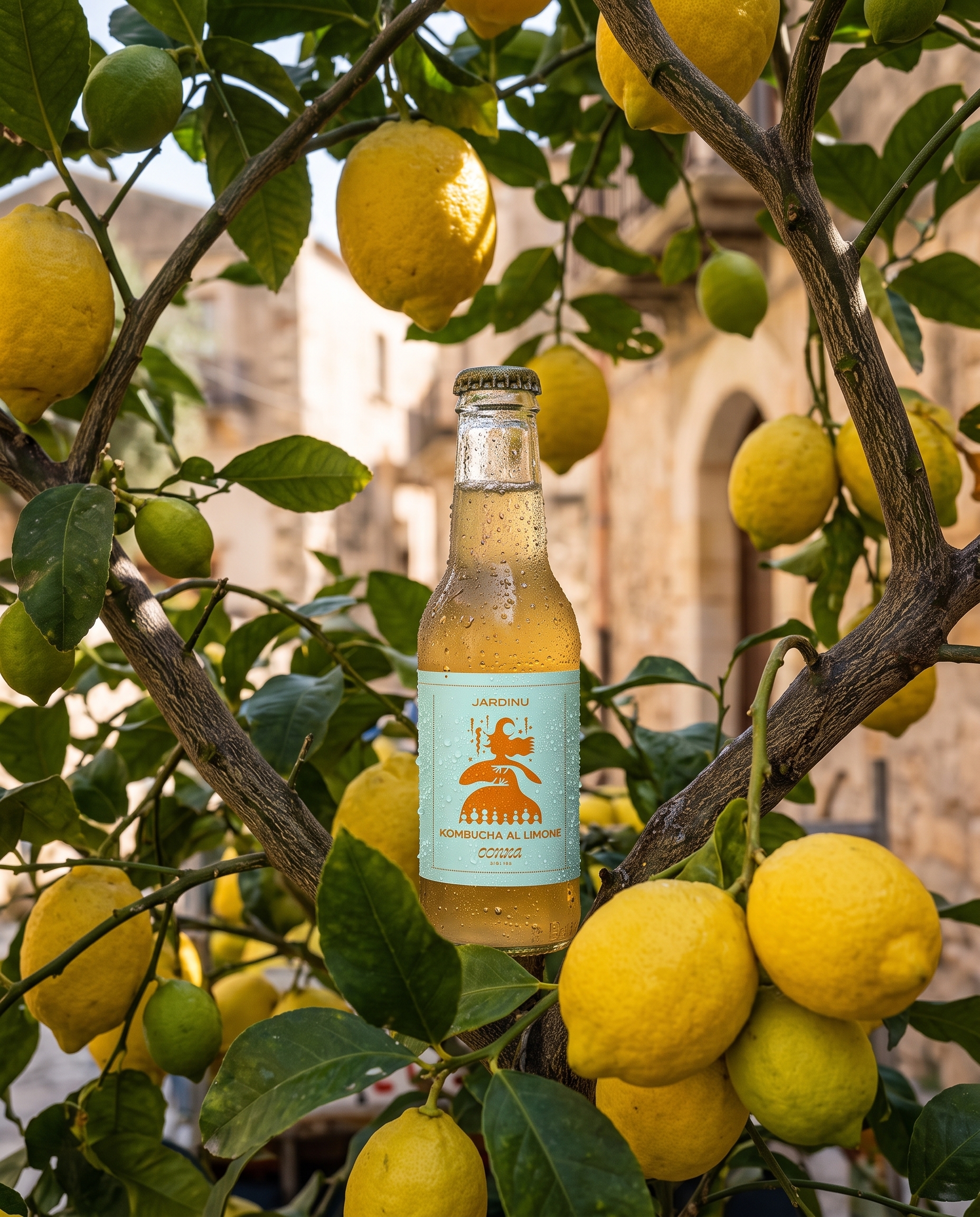 Bottiglia scura di kombucha al fico d'india con riflessi ametista e calice luminoso