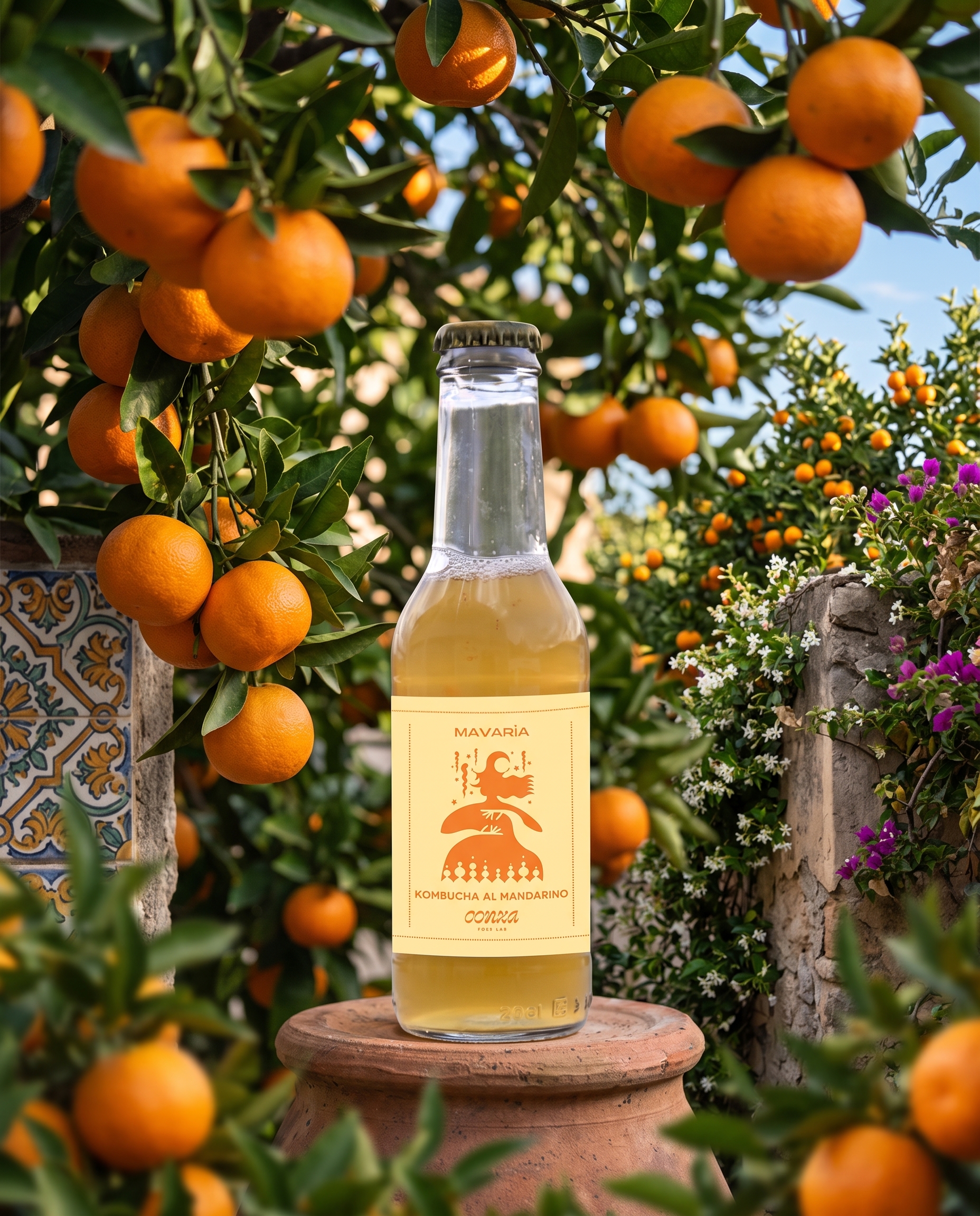 Amber bottle of saffron and smoke kombucha with crystal glass on dark background