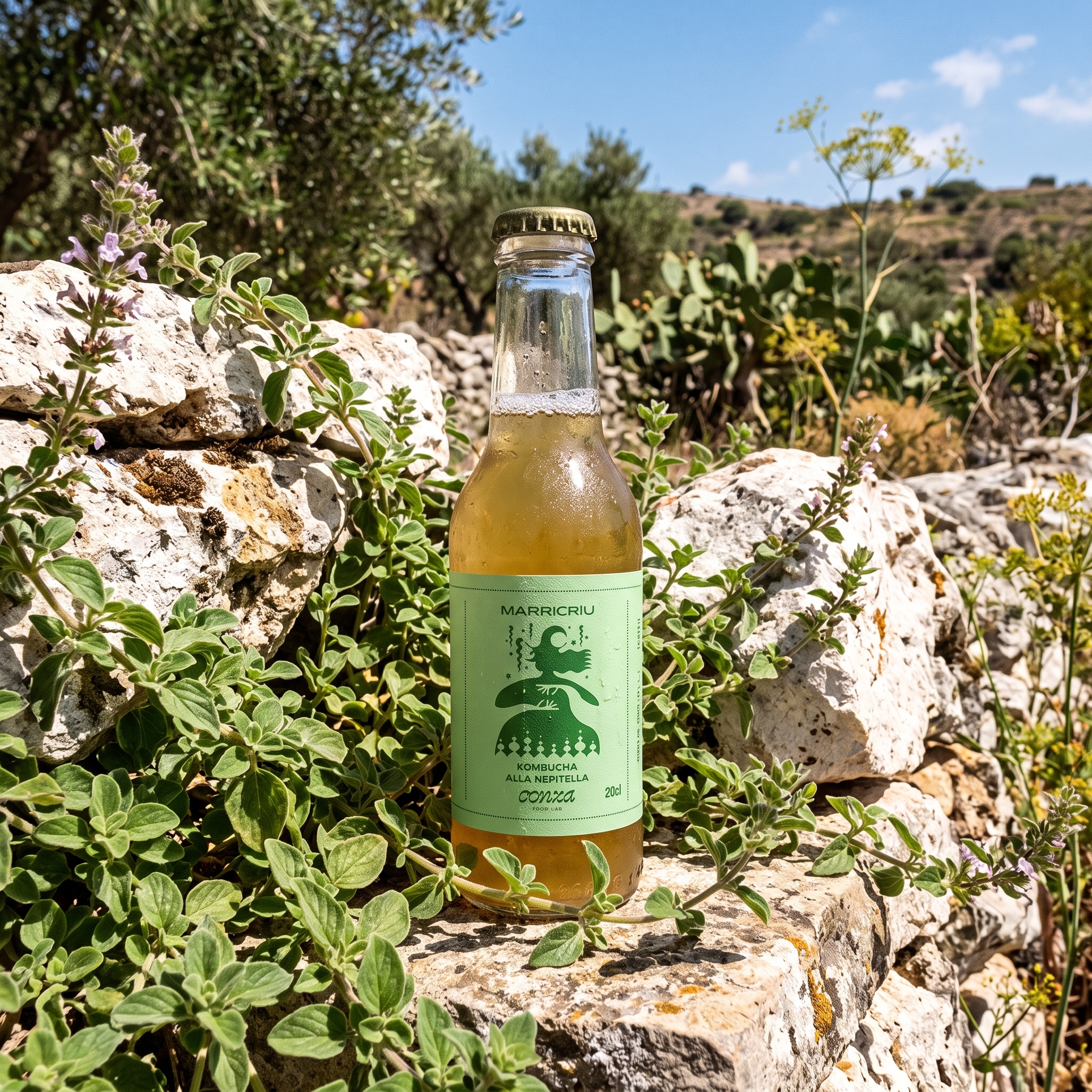 Pale bottle of jasmine and salt kombucha with crystal glass on dark background